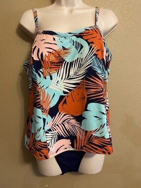 Tropical Leaf Print 2 Piece Tankini Top Brief Bottom Navy Coral Fit 4 U Size 18W